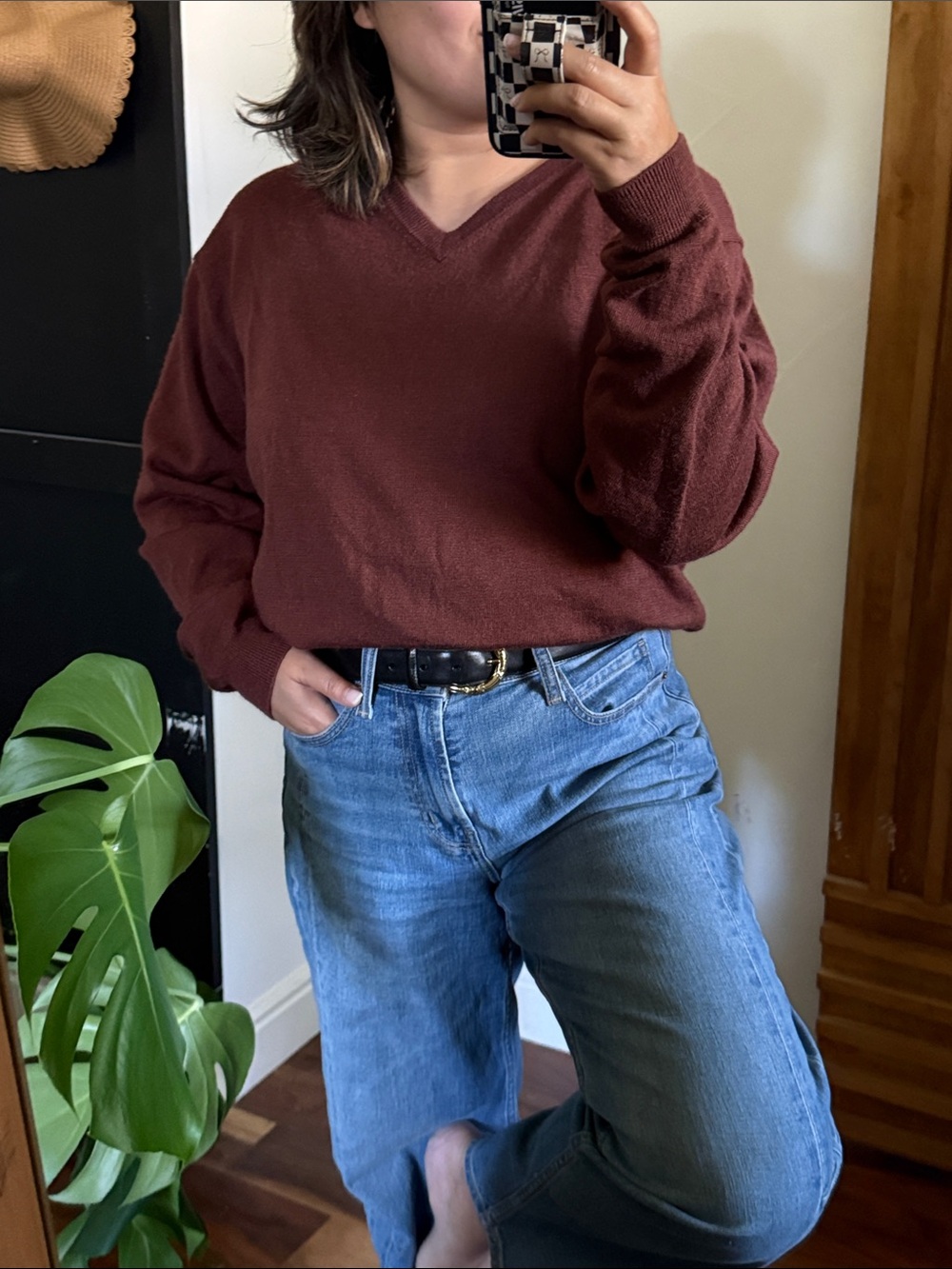 LINEA UOMO V Neck Wool Blend Rust Brown Unisex Sweater. L